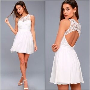 LULUS Romantic Tale White Lace Mini Skater Dress Open Back Womens Size Small NEW